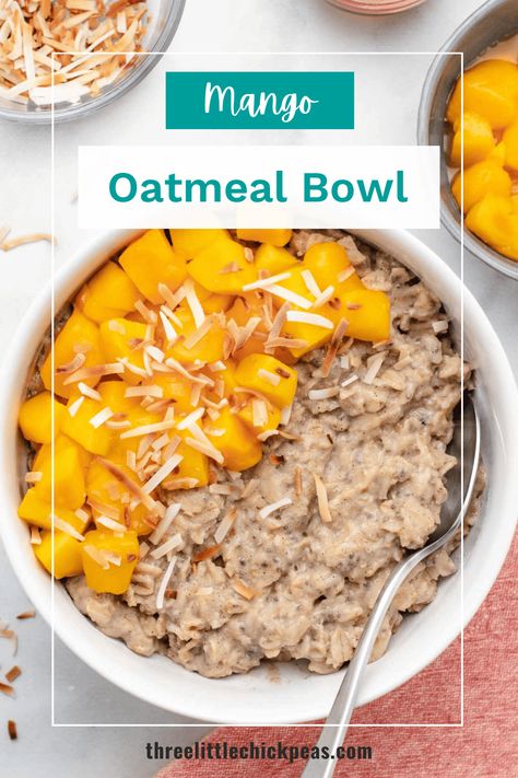 Mango oatmeal for a quick and easy breakfast. The plant-based breakfast is packed with whole grains, chia seeds, and sweet tropical fruit. Mango Oatmeal, Breakfast Recipies, Oatmeal Bowls, Plant Based Breakfast, Whole Grains, Quick And Easy Breakfast, Tropical Fruit, Easy Breakfast, Chia Seeds