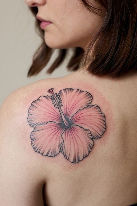 A pink hibiscus tattoo on the shoulder blade brings tropical vibes and beauty to your ink. Hibiscus flowers symbolize delicate beauty and femininity, and the bright pink hue makes it pop. Pink Hibiscus Tattoo, Red Hibiscus Tattoo, Puerto Rican Flower Tattoo, Pink Tattoo Ideas, Tattoo On The Shoulder, Firefly Tattoo, Carnation Tattoo, Pink Rose Tattoos, Hibiscus Tattoo