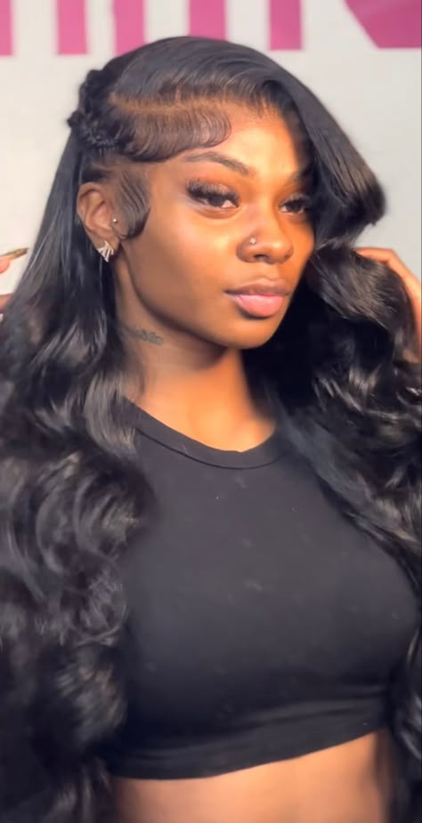 Side Part Butterfly Braid Wig, Body Wave Frontal Hairstyles, Frontal Side Part With Braid, Wig With Fishtail Braid Side Part, Side Part Body Wave Wig With Fishtail, Curled Hairstyles For Medium Hair Hoco, Viral Bow Hairstyle, Side Part Frontal Wig Hairstyles, Fishtail Side Part Wig