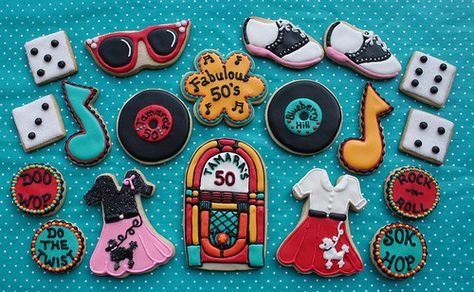 1950s, 50s, retro, rock n roll, twist cookies.  So cute, but alot of work! 50s Sock Hop, 50s Theme Parties, Sock Hop Party, 50s Rock And Roll, Rock N Roll Party, Theme Cookies, Country Birthday, Sock Hop, Roll Cookies