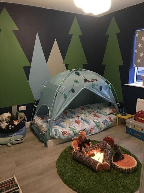 Camping Inspired Bedroom, Cave Themed Bedroom, Camp Inspired Bedroom, Kids Camping Bedroom, Wilderness Playroom, Camping Room Decor, Bedroom Renovation Ideas Diy, Camping Room Theme, Wilderness Themed Bedroom