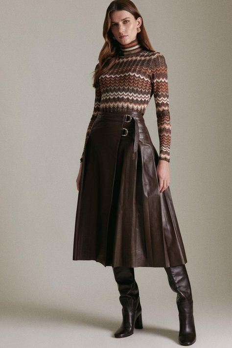 Leather Pleated Buckle Kilt Midi Skirt - Brown - Leather Pleated Buckle Kilt Midi Skirt Midi Pleated Skirt Outfit, Brown Leather Skirt Outfit, Kilt Fashion, Midi Leather Skirt, Cabin 10, 70s Y2k, Brown Leather Skirt, Pleated Skirt Outfit, Skirt Collection