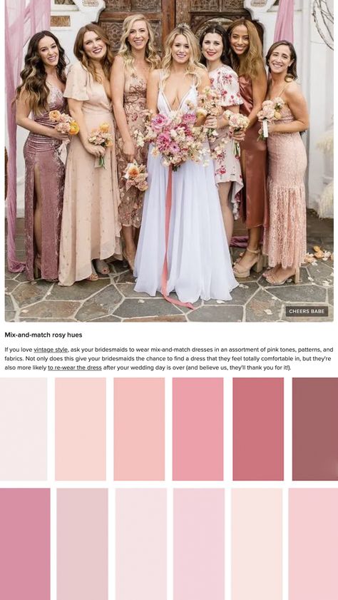 Mismatched Bridesmaid Dresses Rose, Bridesmaid Dress Colour Palette, Desert Pink Bridesmaid Dresses, Blush Mixed Bridesmaid Dresses, Different Shade Pink Bridesmaid Dresses, Shades Of Blush Bridesmaid Dresses, Pink Palette Bridesmaid Dresses, Bridesmaids Pink Shades, Blush Pink Mix And Match Bridesmaids