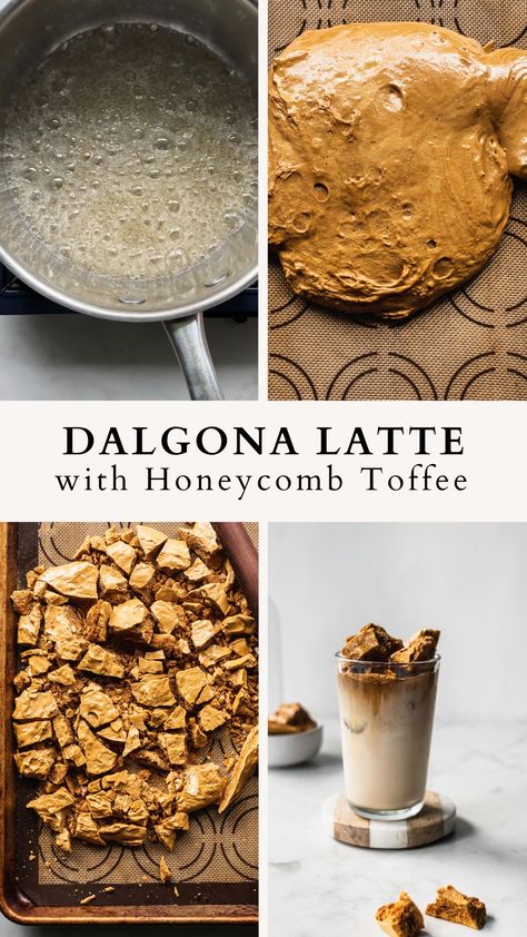 step by step photos for how to make dalgona latte Trending Coffee Drinks, Best Coffee Flavor Combinations, Caramel Boba Tea, Coffee Garnish, Unique Latte Flavors, Cafe Menu Ideas, Dalgona Honeycomb Toffee, Korean Drinks Recipe, Honeycomb Toffee