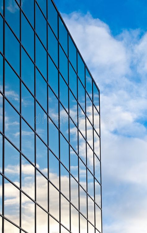 Glass Office Building. Blue sky and clouds reflecting in a glass office building , #affiliate, #Blue, #sky, #Building, #Glass, #Office #ad Glass Building Drawing, Glass Building Aesthetic, Mirror Building, Blue Aesthetic Building, Sky Building Aesthetic, Glass Office Building, Building Reflection, Light Blue Building Aesthetic, Grid Mirror