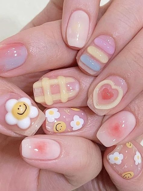 Colorful Korean Nails, Korean Cute Nail Art, Korean Nail Art Ideas, Korean 3d Gel Nail Art, Yellow Nails Design Korean, Jelly Nails Art, Korean Gel Nails 3d, Jelly Nails 3d, Korean Polygel Nails