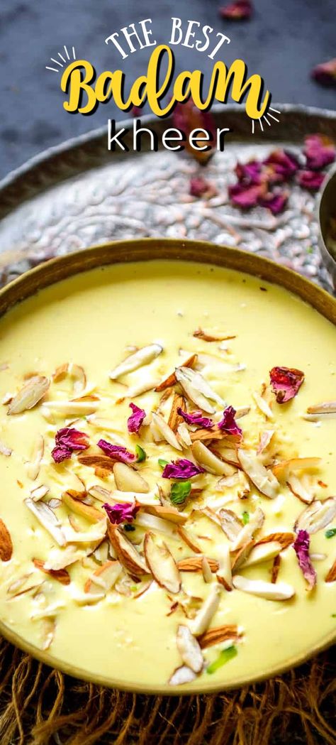 Almond Kheer or Badam Kheer is a delicious Indian dessert where milk is cooked with almond paste and saffron. Make it for festivities for your house party, it will please everyone. Badam Kheer, Kheer Recipe, Spicy Snacks Recipes, Breakfast Recipes Indian, Indian Dessert, Tastemade Recipes, Sweet Dishes Recipes, Almond Paste, Vegetarian Snacks Recipes