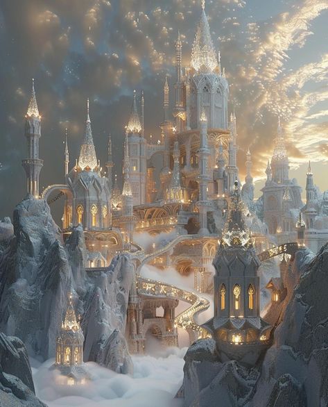 Castle In The Clouds Aesthetic, Whimsical Winter Wonderland, Snow Kingdom Aesthetic, Snow Castle Aesthetic, Aesthetic Castle Exterior, White Fantasy Castle, Fae Palace, Snowy Kingdom, Star Kingdom