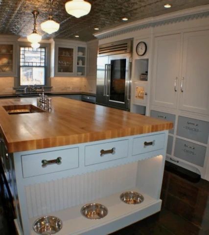 Dog Friendly Home Renovations | DIY, dog friendly, dog lover and more | PatchworkPet The Patchwork Pet Blog blog Kitchen Island With Drawers, Artisan Kitchen, Kitchen Island Storage, Island Storage, Unique Kitchen Design, Kitchen Island Bench, Pet Food Storage, Storage House, Dog Food Storage