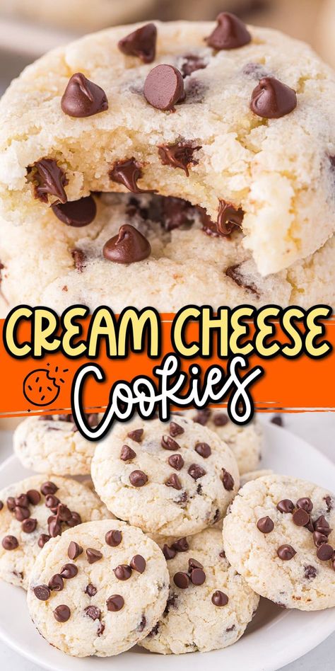 Baked Goods With Cream Cheese, Chocolate Chip Cream Cheese Cookies, Cream Cheese Cookies Recipes, Bake Sell, Best Choc Chip Cookies, Bariatric Desserts, Blueberries Muffins, Christmas Confections, Cream Cheese Chocolate Chip Cookies