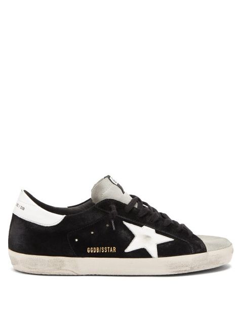 GOLDEN GOOSE GOLDEN GOOSE - SUPERSTAR SUEDE TRAINERS - MENS - BLACK WHITE. #goldengoose #shoes Trainers Mens, Suede Trainers, Textile Logo, Star Logo, White Heels, Super Star, Golden Goose, Golden Goose Sneaker, Vintage Look