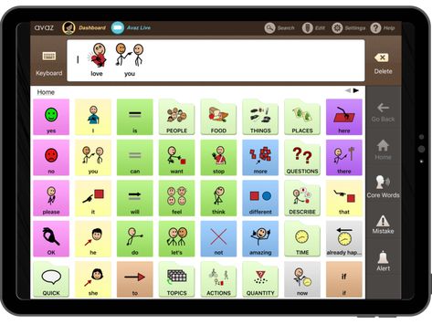 A tablet screen with a sentence stirp made from the typed text and labeled picture cards. Below the sentence strip are forty picture cards with different images and text labeling the images. Picture Exchange Communication System, Down's Syndrome, Rett Syndrome, Augmentative Communication, Predictive Text, Core Words, Communication Devices, How To Express Feelings, Kids App