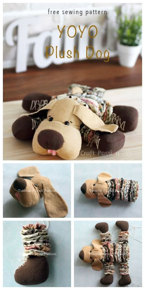 DIY YoYo Plush Dog Free Sewing Pattern & Tutorial Yoyo Dolls Pattern, Dog Plush Pattern Free Sewing, Pound Puppy Pattern Sewing, Diy Stuffed Dog, Stuffed Dog Pattern Free Sewing, Fabric Toys Diy Free Pattern, Diy Yoyo, Yoyo Crafts, Fabric Art Diy