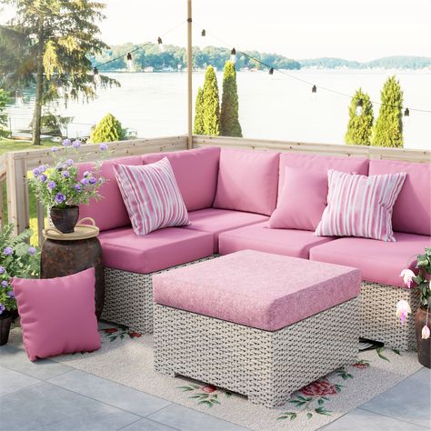 Fun Patio Ideas, Pink Patio Furniture, Sunporch Decorating Ideas, Barbiecore Decor, Colorful Patio Decor, Floral Painted Furniture, Pink Patio, Arabic Living Room, Office Patio