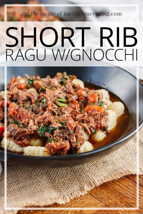 Slow cooked short ribs shredded with cooked bacon and served over a bed of potato gnocchi. Short Rib Gnocchi, Slow Cooked Short Ribs, Short Rib Ragu, Boneless Short Ribs, How To Cook Gnocchi, Home Cooking Recipes, Easy Main Dishes, Potato Gnocchi, Cooking Bacon