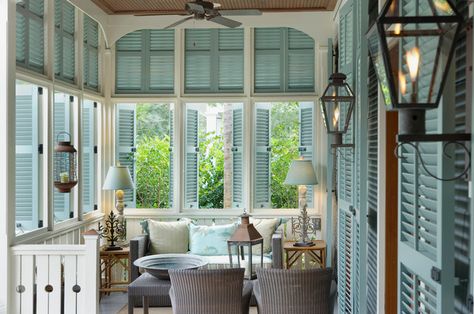 Tour of one of the Prettiest Beach Houses Ever - Vintage American Home Pretty Beach House, Historical Concepts, Southern Porches, House Of Turquoise, Wooden Shutters, Style Cottage, Beach Cottage Style, Front Porch Decorating, Coastal Cottage