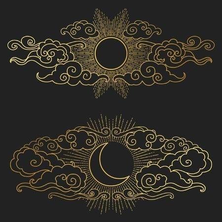 Spiritual Tattoo, The Sun And Moon, Graphic Design Elements, Cloudy Sky, Vector Hand, In The Clouds, Black Paper, Sun And Moon, Sun Moon