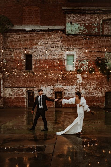 Industrial Chic Wedding — Ashley Lewis · Film and Photography Industrial Building Wedding, Brick Wedding Photos, Dark Industrial Wedding, Industrial Wedding Aesthetic, Urban Wedding Photoshoot, Urban Wedding Photos, Fall Industrial Wedding, Industrial Chic Wedding Decor, Industrial Romantic Wedding