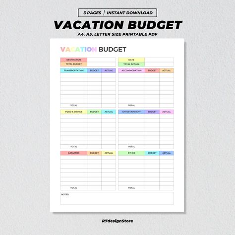 Vacation Budget Printable, Holiday Budget Planner, Travel Spending Tracker, Trip Finance Organizer Template, Expense Log A4 A5 US Letter PDF Holiday Budget Planner, Vacation Budget, Organizer Template, Kids' Vacation, Family Vacations For Adults, Spending Tracker, Budget Vacation, Creative Planner, Countryside Vacation