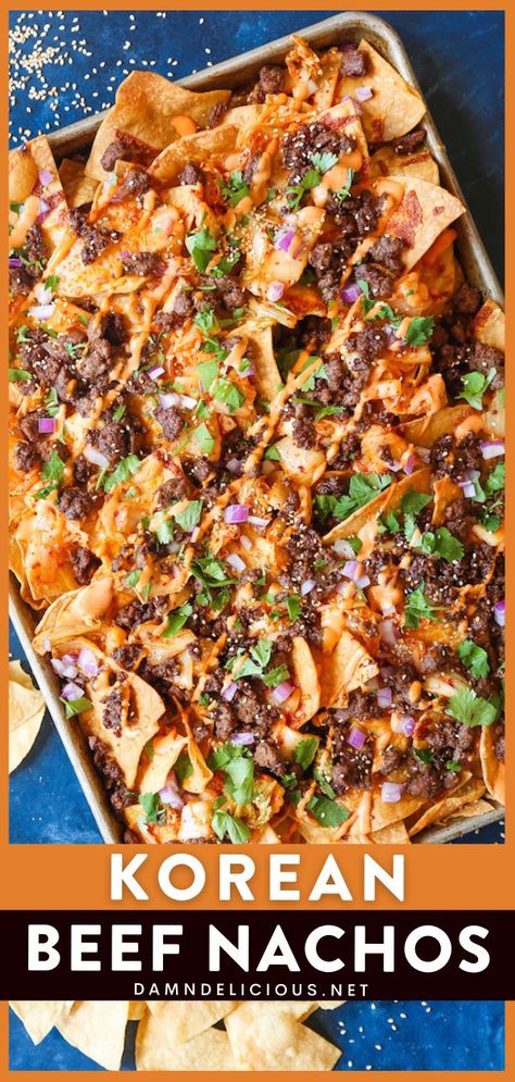 The perfect football food! This game day recipe is a must-try on your next tailgating. Smothered in melted cheese, Korean beef, caramelized kimchi, and a Sriracha mayo drizzle, these nachos are the BEST! Asian Game Day Food, Mexican Game Day Food, Korean Beef Nachos, Korean Nachos Recipe, Football Game Day Recipes, Korean Appetizers For Party, Game Day Party Food, Game Day Nachos, German Nachos