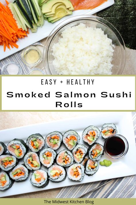 Homemade sushi rolls are simply delicious! This easy step-by-step recipe shows you how to make them using your favorite toppings and fillings. These rolls are made of smoked salmon, cucumber, carrots, and avocado. Salmon Sushi Rolls Recipes, Smoked Salmon Sushi Recipes, Smoked Salmon Sushi Roll, Easy Homemade Sushi, Smoked Salmon Cucumber, Smoked Salmon Sushi, Homemade Sushi Rolls, Salmon Sushi Rolls, Midwest Kitchen