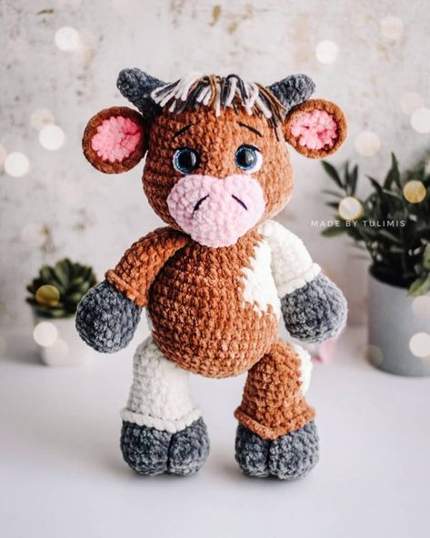 Amigurumi Bull, Crocheted Cow, Crocheted Cow Pattern, Amigurumi Cow, Crochet Toys Free, Crochet Baby Toys, Crochet Cow, Crochet Animals Free Patterns, Crochet Unicorn