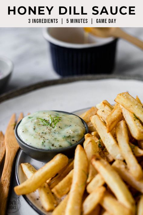 Honey Dill Sauce | PiperCooks | The absolute best dip for french fries and chicken fingers! This simple but flavor-packed dip requires just three ingredients. Five minutes to mix it up, and you'll be dipping french fries, chicken fingers, whatever you desire! Perfect on the side of a weeknight meal or for a party. #honey #dill #sauce #dip #fries Dip For French Fries, Honey Dill Sauce, Best Homemade Hummus, Fries And Chicken, Best Dip, Fries Chicken, Caramelized Onion Dip, Dill Dip, Homemade Sauce Recipes