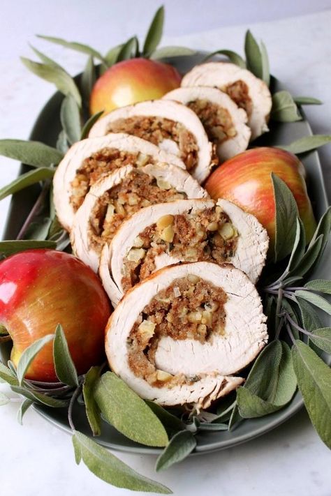 This Apple Herb Stuffed Turkey Breast Recipe is perfect for when you're craving turkey but don't want to deal with brining and baking a whole turkey. Perfect for 2 or 4 with no leftovers!  #turkey breast #turkey #stuffing #dressing #Thanksgiving #Dinner #rolled turkey breast Apple Stuffed Turkey, Cooking A Stuffed Turkey, Sausage Cornbread, Turkey Breast Recipes, Stuffed Turkey Breast, Turkey Roulade, Sausage Cornbread Stuffing, Turkey Spices, Thanksgiving Meals