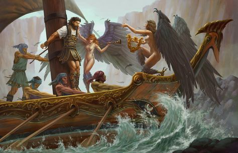 Odysseus and the sirens Sirens Greek Mythology, Odysseus And The Sirens, Greek Creatures, Greek Monsters, Greek Pantheon, Samuel Beckett, Greek Mythology Art, Roman Mythology, Mythology Art