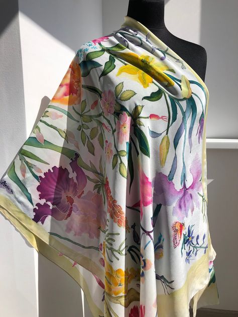 Womens Birthday Gifts, Scarf Painting, Flower Shawl, Silk Paintings, Silk Stoles, Designer Silk Scarves, Evening Shawls, Hand Painted Scarves, Textile Prints Design