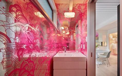 small bathroom remodels, modern bathroom remodeling inspirations Disco Bathroom, Pink Powder Room, Post And Beam House, Beam House, Simple Bathroom Remodel, Powder Bathroom, Powder Room Wallpaper, Modern Style Decor, Eichler Homes