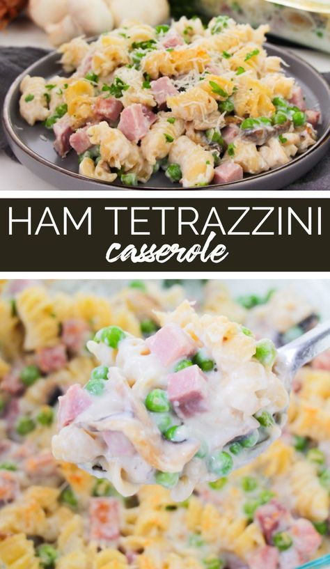 This rich and creamy Ham Tetrazzini is made with simple and inexpensive ingredients in a creamy sauce with al dente pasta, salty ham, and veggies. Spaghetti And Ham Recipes, Ham Tettrazini, Ham Tetrazzini Recipe Easy, Ham Spaghetti Recipes, Creamy Ham Pasta, Ham And Pasta Casserole, Ham And Pasta Recipes, Ham Tetrazzini Recipe, Ham And Pasta