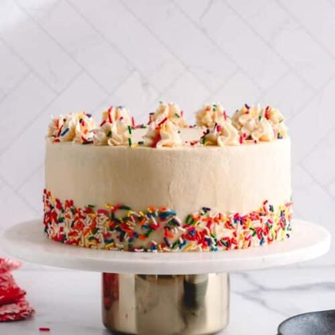 Vanilla cake decorated with Russian buttercream and sprinkles. Russian Buttercream, Best Vanilla Cake, Cake With Sprinkles, Vanilla Bean Cake, Vanilla Bean Cakes, Bean Cake, Sprinkles Recipe, White Cakes, Whipped Cream Frosting