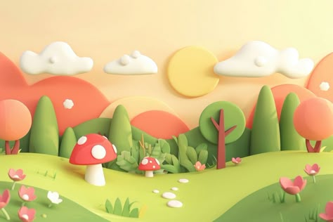 Cute nature background cartoon tranquility creativity. | premium image by rawpixel.com Cute 3d Environment, Kids Background, Fantasy Background, 3d Background, 3d Tutorial, Nature Kids, Nature Backgrounds, Paper Cut Art, Nature Illustration