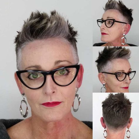 Spiky Pixie Cut for Women over 60 Pixie Cut Shaved Sides, Spiky Haircut, Shaved Pixie Cut, Very Short Pixie Cuts, Unnatural Hair Color, Shaved Pixie, Short Spiky Haircuts, Choppy Pixie Cut, Shaved Hair Cuts