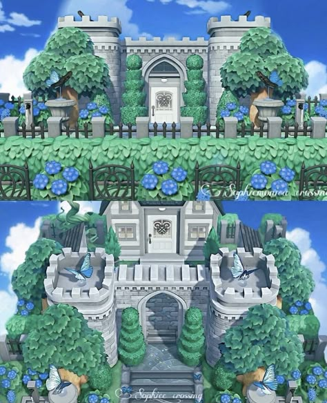 Acnh Castle Build, Acnh Castle Ideas, Acnh House Exterior Ideas Castle, Animal Crossing Castle Ideas, Acnh Castle House, Acnh Castle Designs, Castle Animal Crossing, Elegant Core Acnh, Acnh House Exterior Ideas