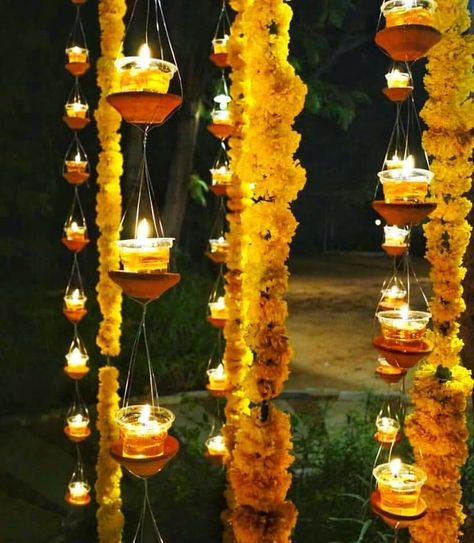 Backyard Diwali Decor, Marigold Backdrop, Backyard Wedding Decor, Backyard Party Ideas, Indian Wedding Inspiration, Outdoor Indian Wedding, Floral Chandelier, Indian Fusion Wedding, Diwali Decor