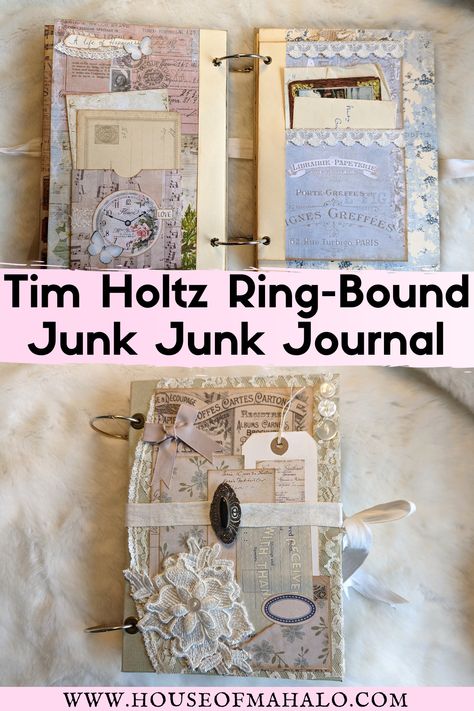 Here's an insider look at how my Tim Holtz ring-bound junk journal took shape. I hope my flip through is full of ideas and inspiration. Ring Bound Junk Journals, 3 Ring Binder Junk Journal, Junk Journal Binding Ideas, Junk Journal Ephemera Ideas, Junk Journaling Ideas, Ring Journal, Tim Holtz Tutorials, Scrapbook Paper Crafts Diy, Homemade Journal