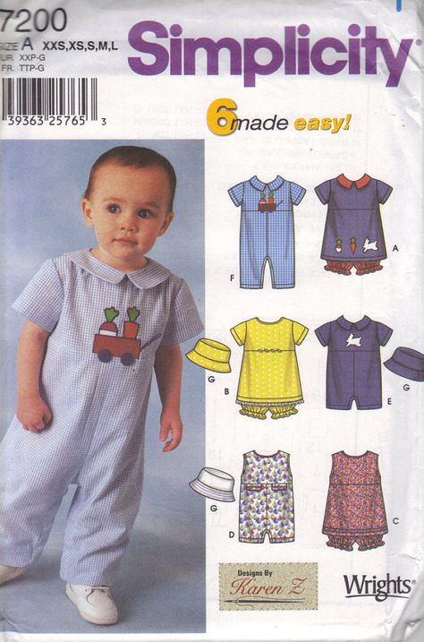 Simplicity sewing pattern 7200 Baby size XXS to L by KentuckyArgie Baby Boy Sewing Patterns, Boy Sewing Patterns, Girl Sewing Patterns, Sewing Patterns For Baby, Curtain Sewing Pattern, Romper Sewing Pattern, Baby Romper Pattern, Vintage Childrens Clothing, Burda Sewing Patterns