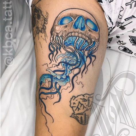 Tattoo uploaded by Jennifer R Donnelly | Jellyfish tattoo by kbca.tattoo #kbcatattoo #jellyfish #ocean #oceanlife #animal | 1458257 | Tattoodo Creepy Nautical Tattoo, Skeleton Ocean Tattoo, Underwater Creatures Tattoo, Scary Jellyfish Tattoo, Shark And Jellyfish Tattoo, Skull With Octopus Tattoo, Mens Jellyfish Tattoo, Aquatic Knee Tattoo, Underwater Skull Tattoo