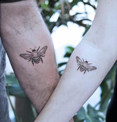 Medium Sized Matching Tattoos, Matching Garden Tattoos, Sibling Animal Tattoos, Couples Bee Tattoos, Couple Bee Tattoo, Matching Beetle Tattoos, Vintage Matching Tattoos, Matching Bee Tattoo Couple, Couple Flower Tattoos