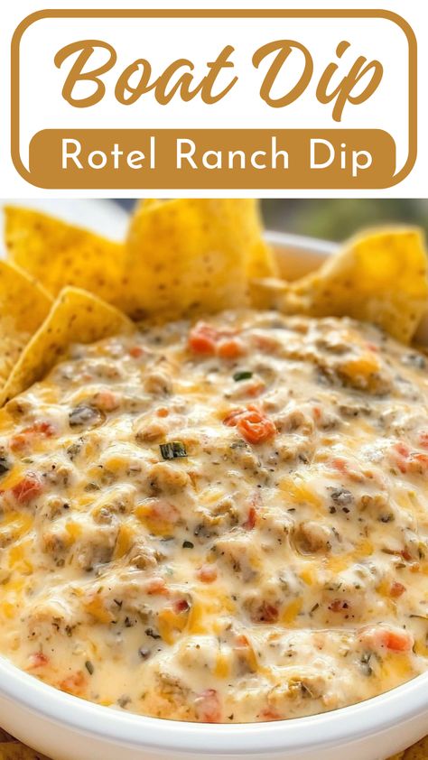 Get ready to enjoy the ultimate Boat Dip, featuring the classic combination of creamy cheese and zesty Rotel tomatoes! This flavorful ranch dip is perfect for gatherings with friends or family. Quick and easy to make, it's a crowd-pleaser that pairs beautifully with chips, veggies, or pretzels. Save this easy recipe for your next party or game day! Easy Potluck Dip Recipes, Dip For Doritos Recipes, Best Dips With Tortilla Chips, Dips Made With Ground Beef, Easy Party Dip Recipes, Hot Dip Recipes For Parties, Rotel Ranch Dip, Snacks For Party Ideas, Fun Dips Recipes Easy