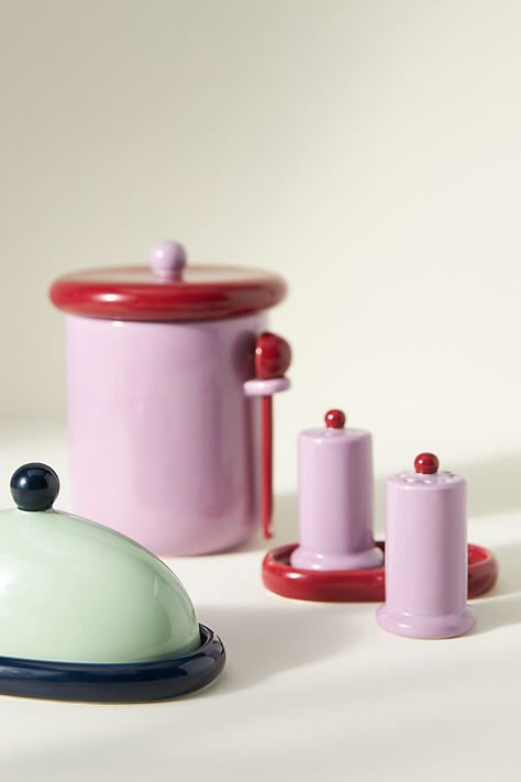 Pastel, multicoloured hues give the Rika collection a playful quality, elevating any dining set to frivolous cheer. | Rika Canister with Scoop by Anthropologie in Purple Anthropologie Tea Set, Clay Games, Cute Salt And Pepper Shakers, Dopamine Design, Dishes Sets, Ceramic Kitchenware, Anthropologie Kitchen, Ceramic Salt And Pepper Shakers, Serveware Entertaining