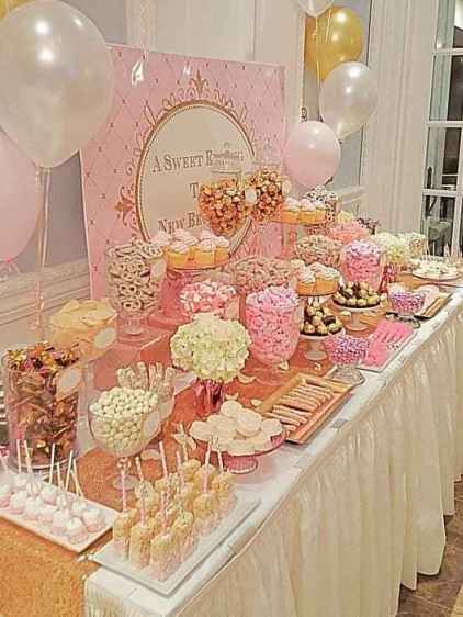 Pink and Gold Baby Shower Candy Table Pink Candy Table, Diy Wedding Buffet, Gold Candy Bar, Gold Candy Buffet, Baby Shower Candy Table, Candy Table Ideas, Bridal Shower Decorations Pink, Girl Shower Decorations, Baby Shower Dessert