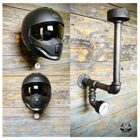 Need to store your motorcycle helmet? Discover the industrial-style wall-mounted headset holder, an original and artisanal interior decoration by Strange Workshop. This motorcycle helmet rack with a pressure gauge for an industrial look allows you to easily store your motorcycle helmet and display it in your garage next to your motorcycle. You can also hang your motorcycle jacket with a hanger on the bar. The motorcycle helmet mount is made with authentic cast iron and steel fittings. The helmet Helmet Holder Motorcycle, Wood Motorcycle, Motorcycle Helmet Rack, Helmet Rack, Helmet Hanger, Biker Birthday, Motorbike Parts, Headset Holder, Wall Coat Rack