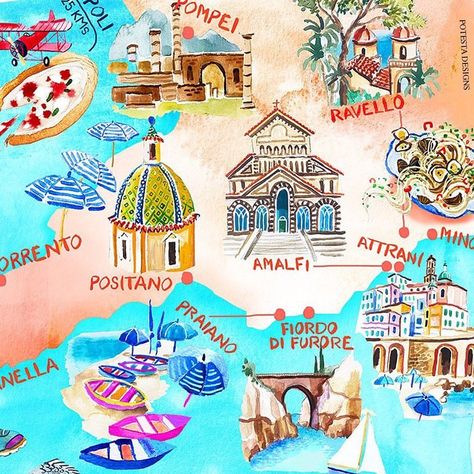 One of my latest painted maps for the AMALFI template 🍋💙😍 For the lucky ones who’ve been, do share any hidden gems from the area 🤗 | Instagram Amalfi Coast Map Illustration, Potesta Designs, Amalfi Coast Map, Costa Amalfi, Italy Party, Comics Strip, Italy Trip Planning, Amalfi Coast Positano, Capri Island