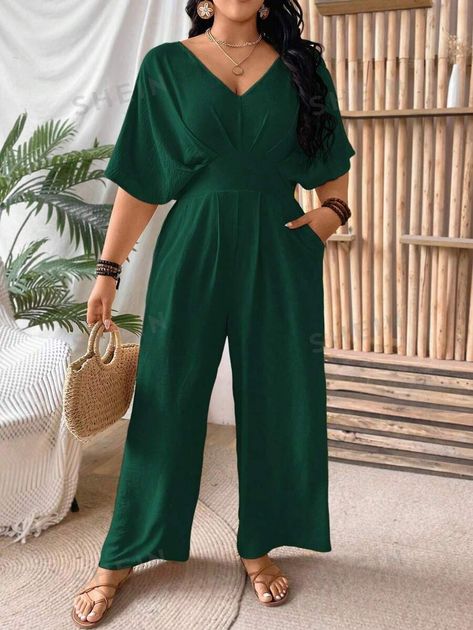 SHEIN VCAY Backless Short Sleeve Jumpsuit For Business Casual | SHEIN EUQS Mustard Jumpsuit Outfit, Plus Size Indian Outfits, Business Outfits Women Plus Size, Curvy Jumpsuit, Rakhi Outfits, Larger Bust Outfits, Green Pantsuit, Casual Wedding Outfit, Mustard Jumpsuit