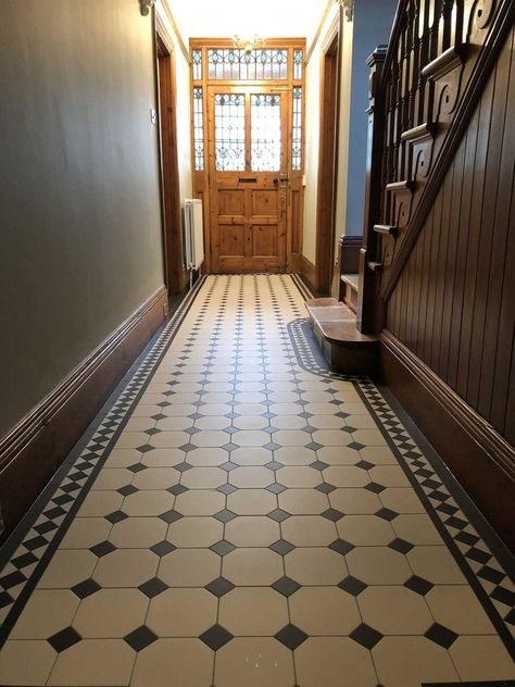 Victorian Tiled Floors - geometric floor tiling specialist Victorian Tiled Hallway, Vintage Tile Floor, Victorian Entrance, Hallway Tiles Floor, Hall Tiles, Entry Tile, Victorian Floor Tiles, Entryway Flooring, Victorian Floor