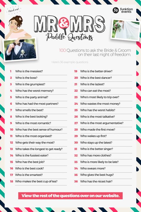 Add some excitement into the hen party with the Mr and Mrs Paddle Questions, the perfect extra that everyone will love. Print of this image for a perfect hen party addition, and make sure to click this image to see plenty other paddle questions too! . #mrandmrsquiz #mrandmrsquestions #mrandmrs #henpartyideas #henpartyquiz #weddingideas #giveaway His And Her Question Game, Mr Mrs Questions, Me And Mrs Questions, Bachelorette Questions, Mr And Mrs Questions Funny, Anniversary Questions, Mr And Mrs Questions, Mr And Mrs Paddle Questions, Party Essentials