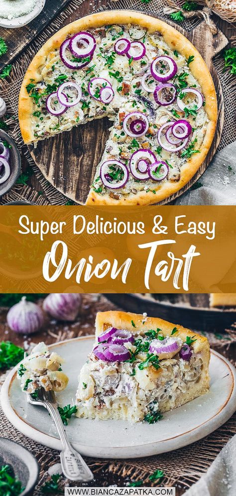 Vegan Savory Pie Recipes, Vegan Onion Tart, Vegan German Recipes, Vegan Pies Savoury, Vegan Quiche Recipes, Quish Recipes, Vegetarian Tart Recipes, Vegan Bakewell Tart, Caramelized Onion Tart